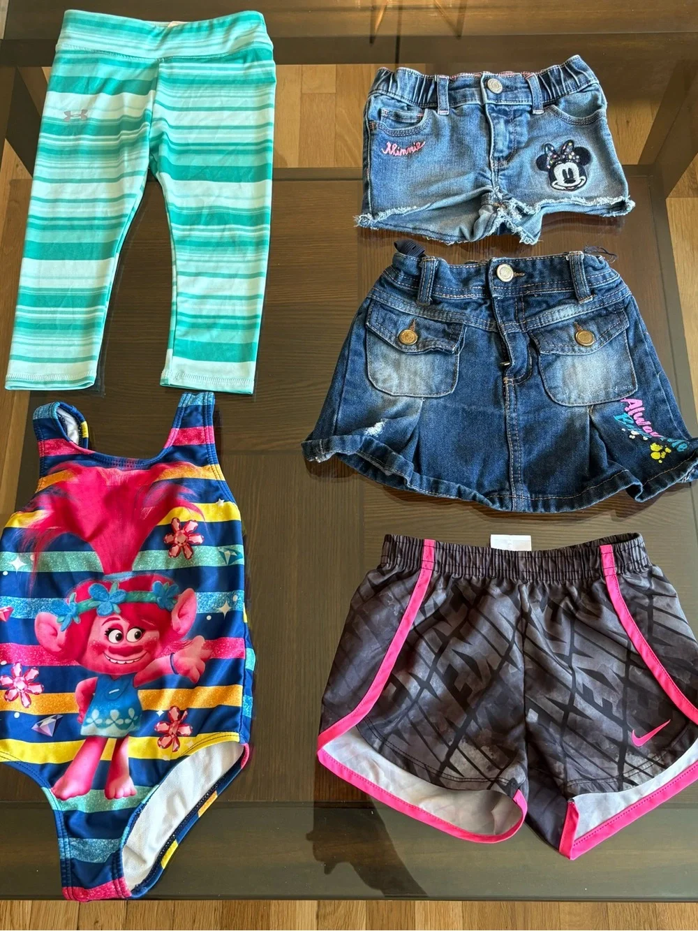 Mixed Brands Girls 2T 4pc Disney Minnie Mouse Denim Shorts Pants Swimsuit Set